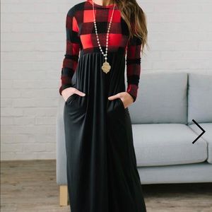 Plaid Long sleeve maxi dress with pockets